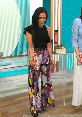 Elizabeth Werner’s black ruffled top and floral pants on CBS Mornings