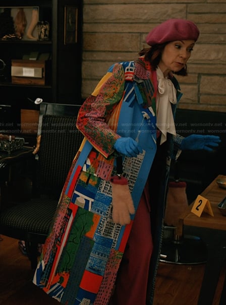 Elsbeth's cityscape print coat on Elsbeth