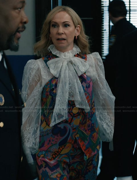 Elsbeth's multicolored vest and pants on Elsbeth