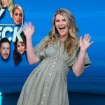 Lauren Herbert’s green stripe shirtdress on Access Hollywood