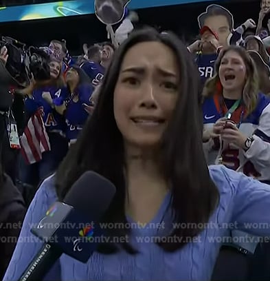 Emilie’s blue cable knit v-neck sweater on Today