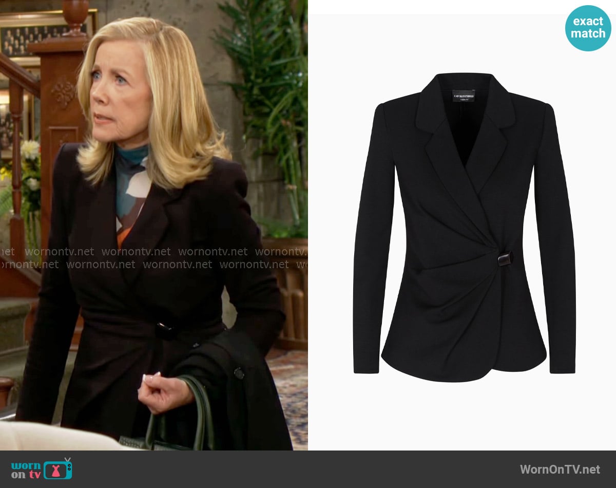 Emporio Armani Stretch Milano stitch blazer with draping worn by Nikki Reed Newman (Melody Thomas-Scott) on The Young and the Restless