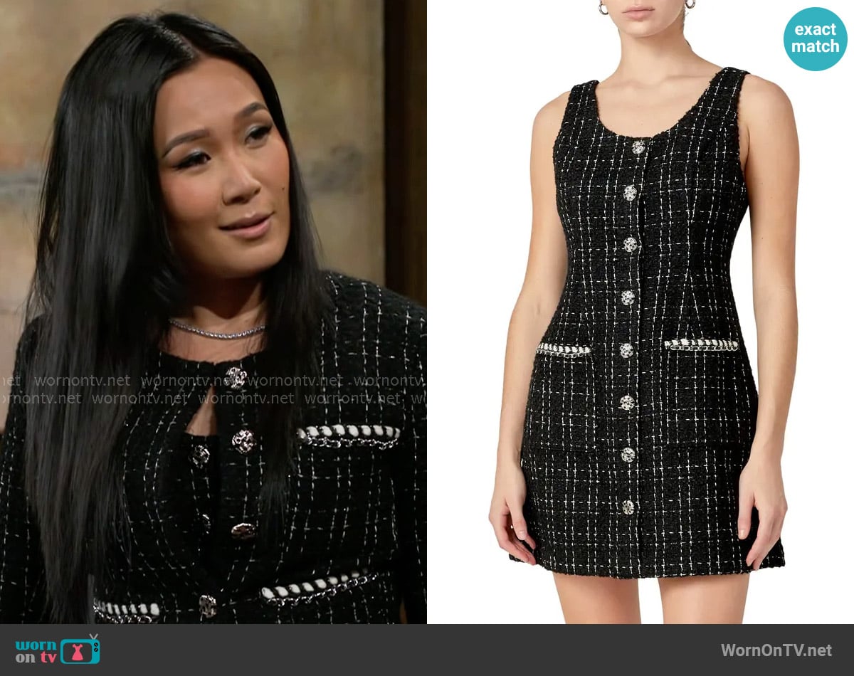 Caroline’s black tweed button front dress on Beyond the Gates