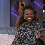 Erika Alexander’s floral gathered blouse and pleated skirt on The Kelly Clarkson Show