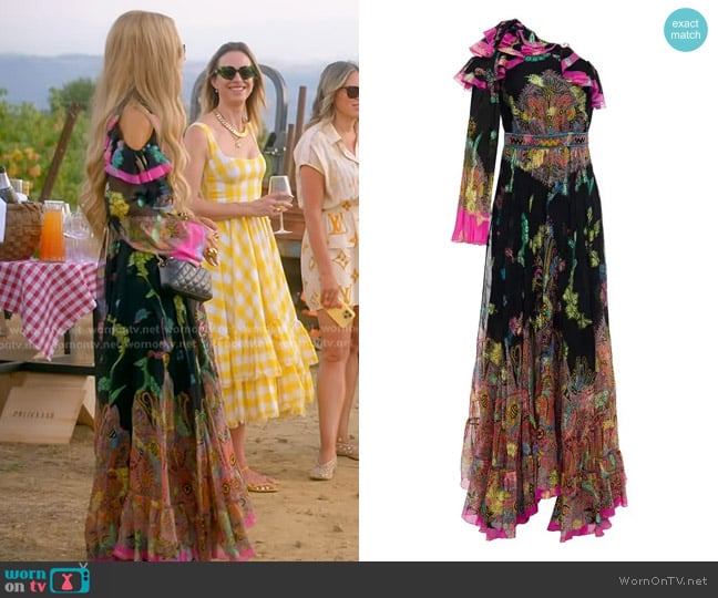 Etro One-shoulder Metallic Printed fil coupé Silk-blend Maxi Dress worn by Rachel Zoe on The Real Housewives of Beverly Hills