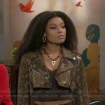 Eva’s cropped snake print moto jacket and studded jeans on Beyond the Gates