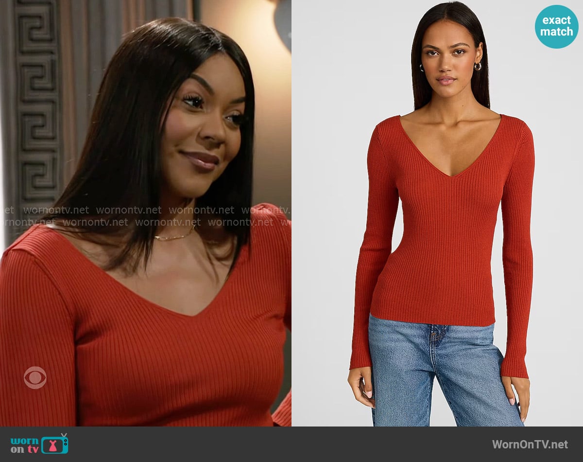 Express Silky Soft Fitted Ribbed Double V-Neck Sweater in Cinnibar worn by Shanice Johnson (Ernestine Johnson) on Beyond the Gates
