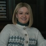 Brynlynn’s white fairisle cardigan on Elsbeth