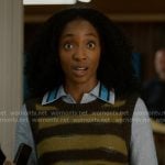 Faith's olive striped sweater vest and blue shirt on Will Trent