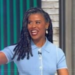 Faith Roberson’s blue knit polo cardigan on Tamron Hall Show