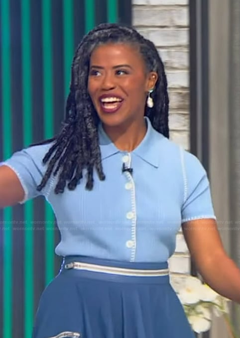 Faith Roberson’s blue knit polo cardigan on Tamron Hall Show