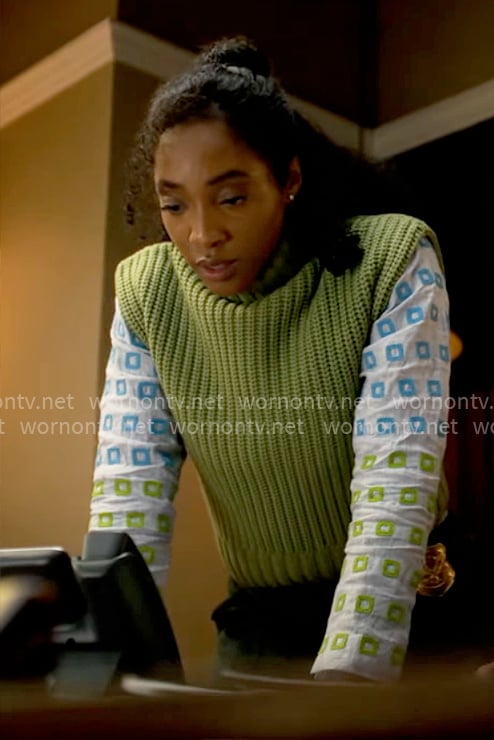 Faith's squares embroidered shirt and green sweater vest on Will Trent