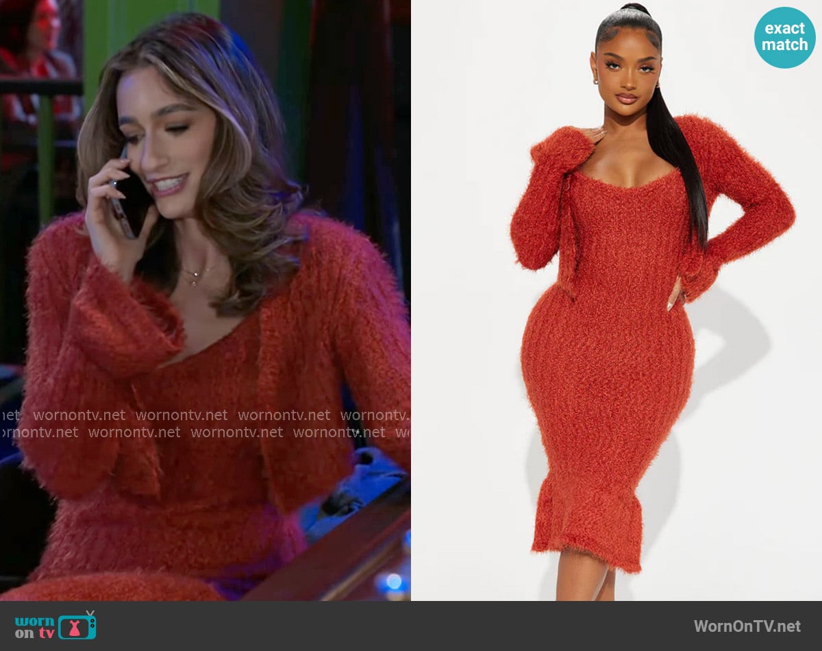 Fashion Nova All Fuzzy Sweater Maxi Dress Set in Rust worn by Ashley Morgan (Jen Jacob) on Beyond the Gates