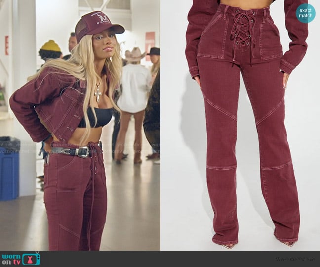 Fashion Nova Bordeaux Lace Up Bootcut Jeans worn by Miranda McWhorter on The Secret Lives of Mormon Wives