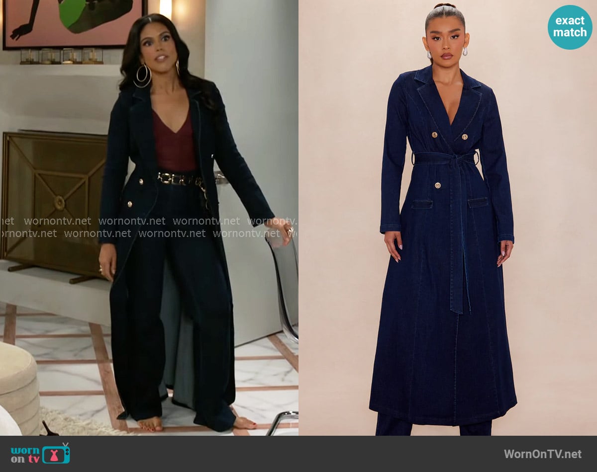 Fashion Nova Daniella Denim Coat Pant Set worn by Dani Dupree (Karla Mosley) on Beyond the Gates