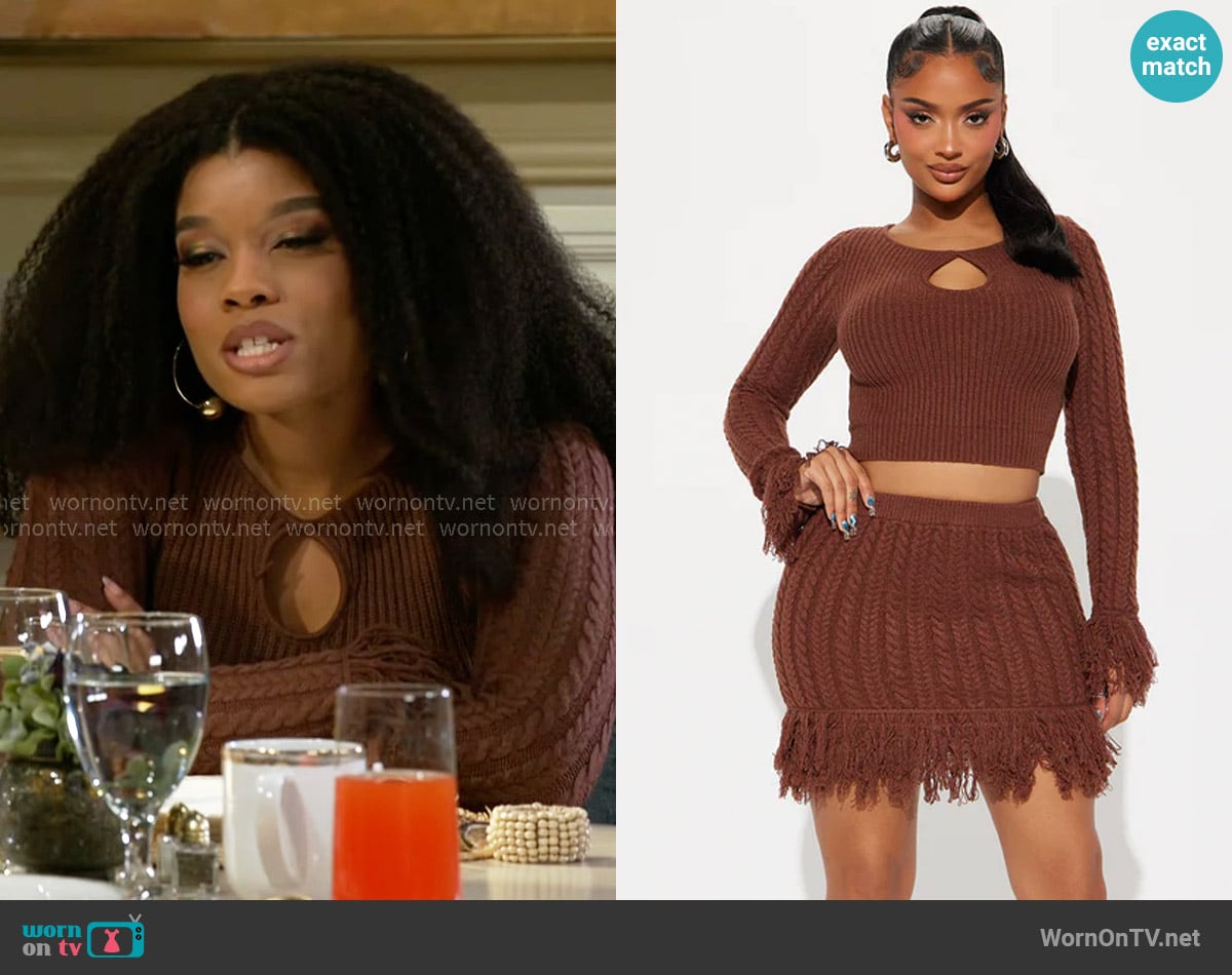 Fashion Nova Marian Sweater Fringe Skirt Set worn by Eva Thomas (Ambyr Michelle) on Beyond the Gates