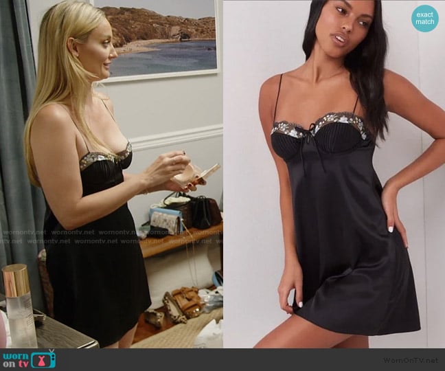 For Love and Lemons Elektra Black Satin Slip Dress worn by Bailey Taylor on Summer House