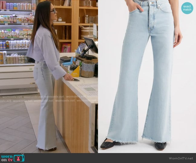 Frame The Lax Frayed High Waist Flare Jeans in Wisp Raw Fray worn by Kyle Richards on The Real Housewives of Beverly Hills