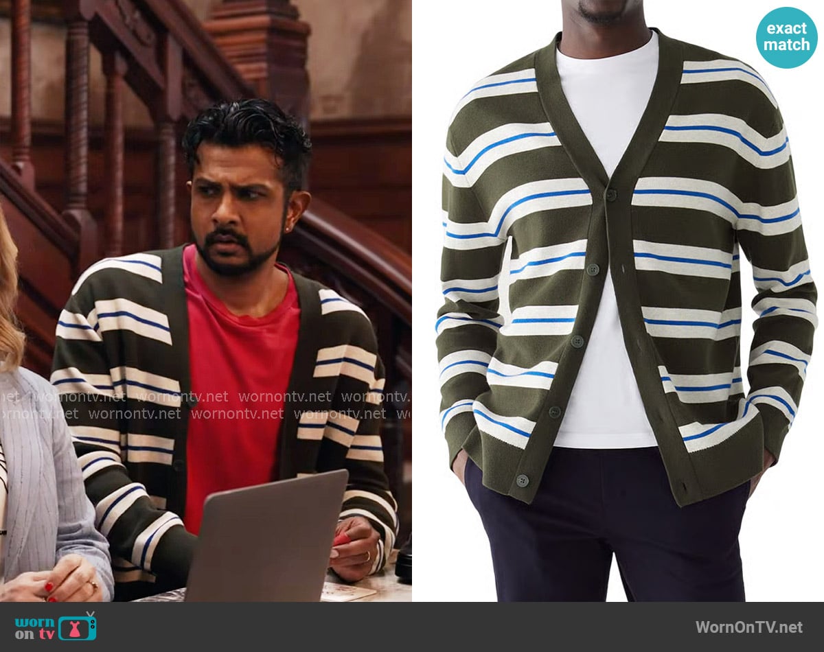 Frank and Oak Striped V Neck Cardigan worn by Jay (Utkarsh Ambudkar) on Ghosts