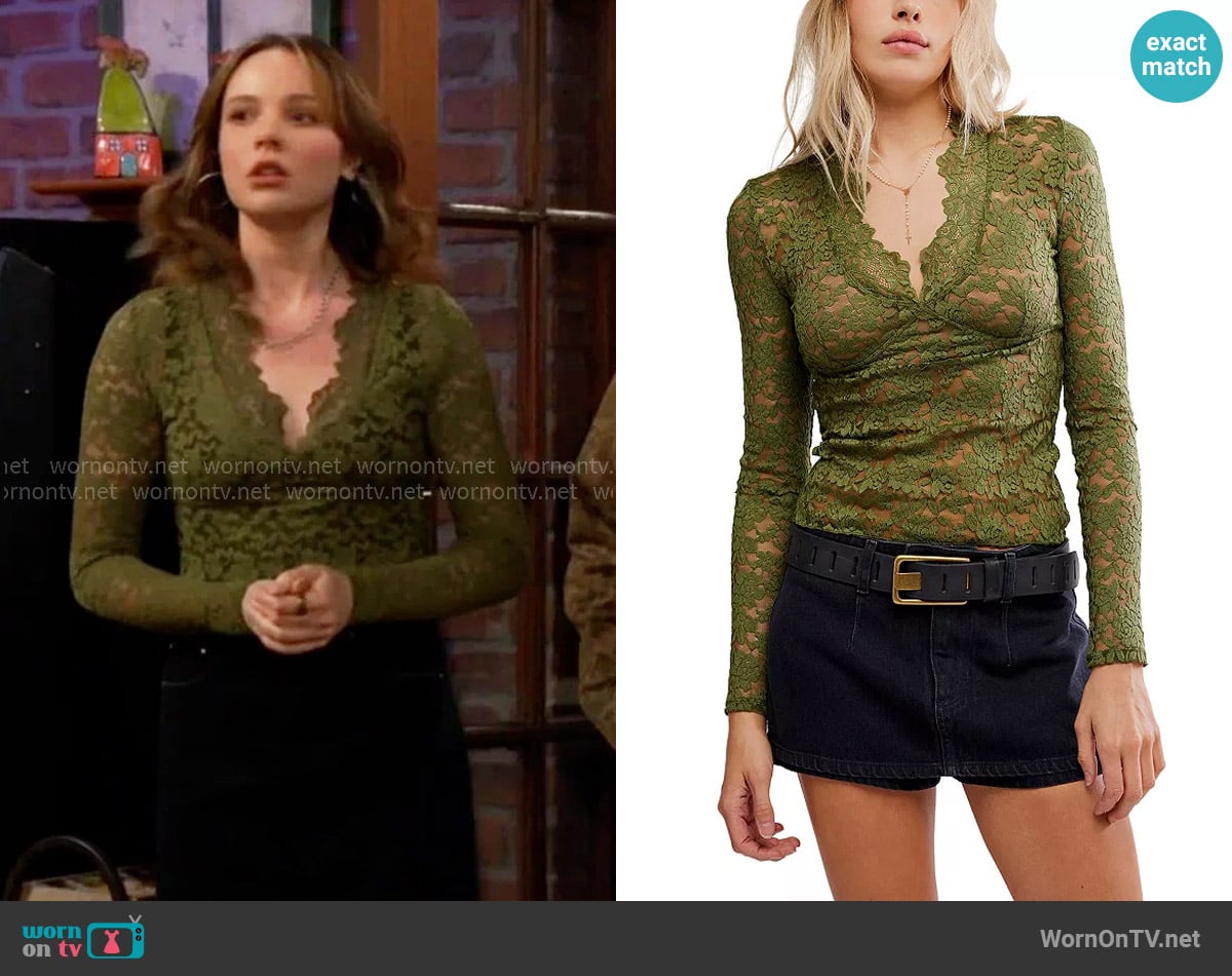 Free People All Day Lace Long Sleeve in Terrarium worn by Tessa Porter (Cait Fairbanks) on The Young and the Restless