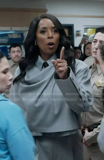 Gabby Vaughn's grey draped shirt and pants on 9-1-1