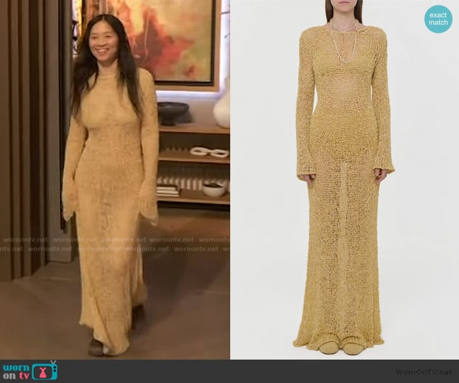 Chloe Zhao’s beige knit maxi dress on The Drew Barrymore Show Chloe Zhao’s beige knit maxi dress on The Drew Barrymore Show