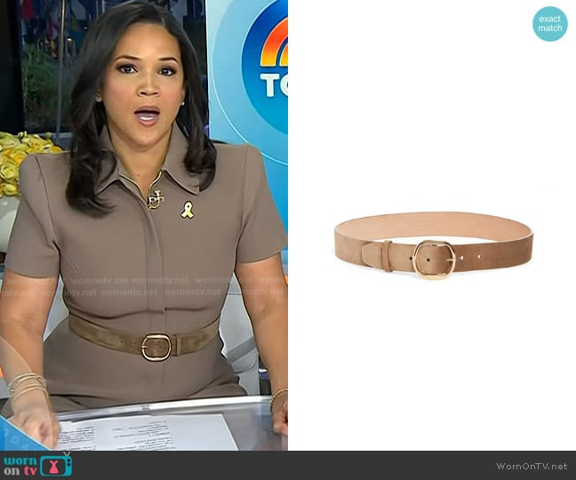 Gabriela Hearst Elster Buckle Belt in Dark Sand Suede worn by Laura Jarrett on Today