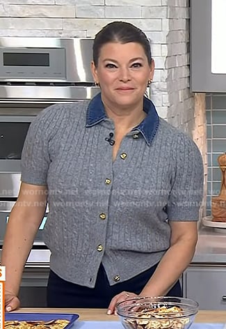 Gail Simmons's grey cable knit cardigan with denim collar on Today