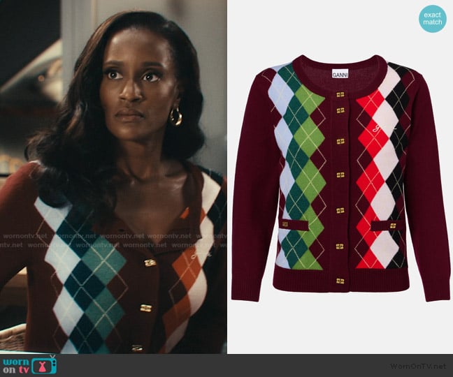 Ganni Argyle wool and cashmere cardigan worn by Olympia (Skye P. Marshall) on Matlock