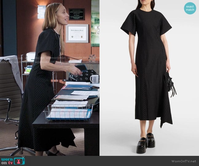 Ganni Pinstripe Asymmetric Midi Dress worn by Teddy Altman (Kim Raver) on Greys Anatomy