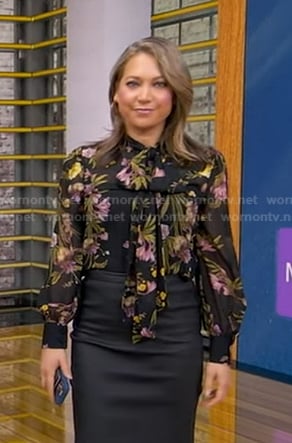 Ginger’s black floral tie neck blouse on Good Morning America