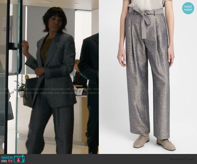 Giorgio Armani Animalier Silk Jacquard Straight-Leg Paperbag Trousers worn by Eleanor (Kerry Washington) on Imperfect Women