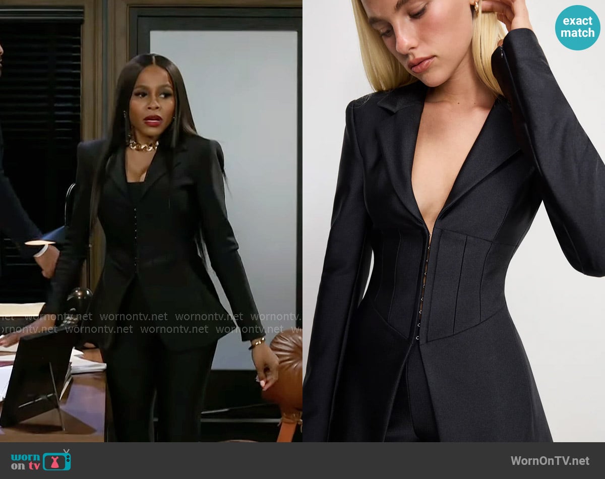 Good American Dolly Compression Shine Corset Blazer worn by Hayley Lawson (Marquita Goings) on Beyond the Gates