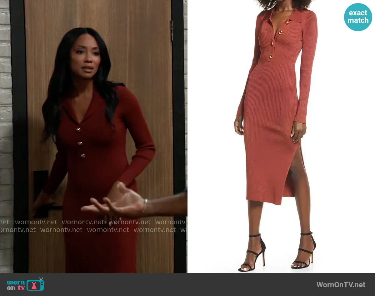 Good American Long Sleeve Polo Midi Dress in Brick worn by Jordan Ashford (Tanisha Mariko Harper) on General Hospital