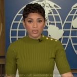 Jericka's green button-shoulder ribbed dress on CBS Evening News