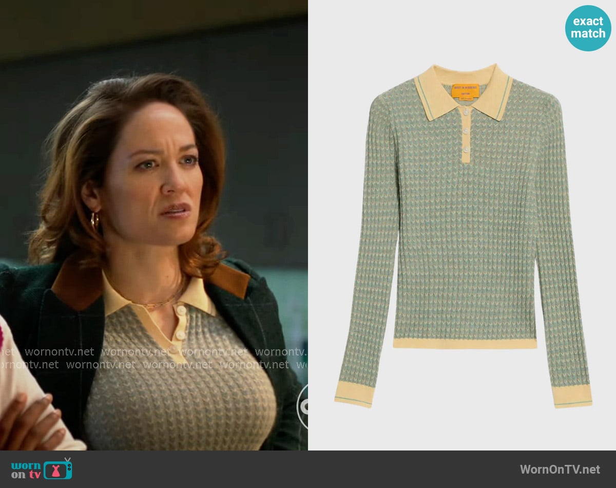 Guest in Residence Chevron Polo Top in Butter Combo worn by Angie Polaski (Erika Christensen) on Will Trent
