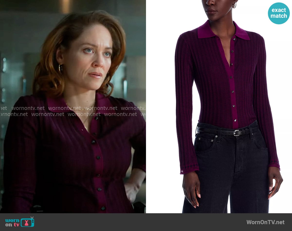 Guest in Residence Fine Stripe Shirt in Aubergine Black worn by Angie Polaski (Erika Christensen) on Will Trent