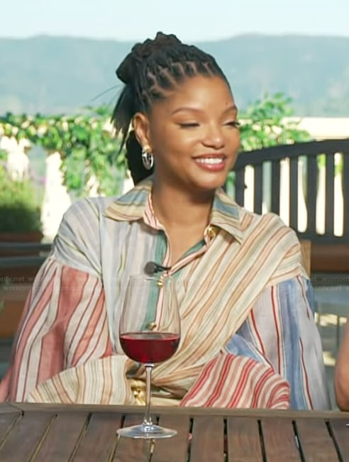 Halle Bailey's mixed stripe balloon sleeve dress on Access Hollywood