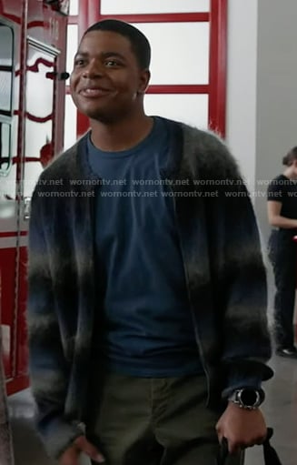 Harry's blue stirpe mohair zip cardigan on 9-1-1