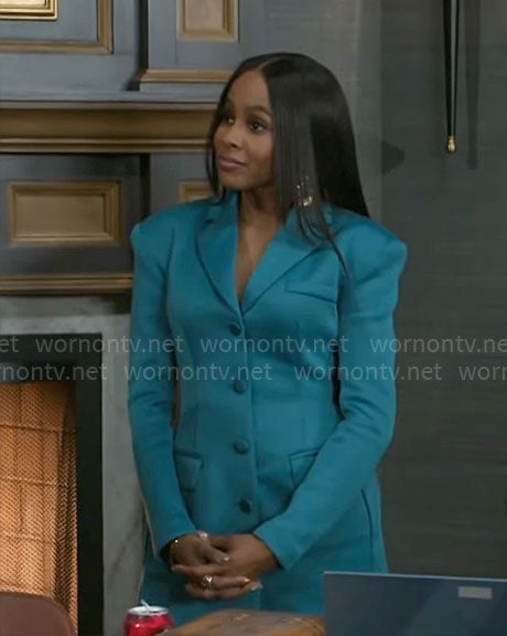 Hayley’s teal green blazer dress on Beyond the Gates