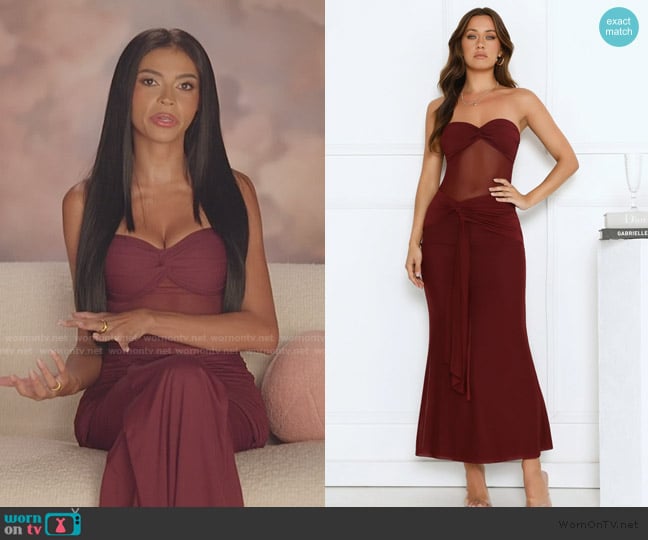 Hello Molly Can’t Get Enough Strapless Maxi Dress Burgundy worn by Layla Taylor on The Secret Lives of Mormon Wives