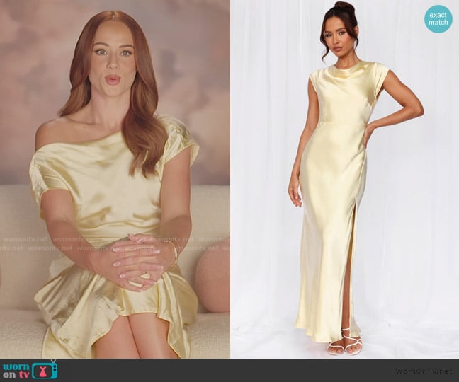 Hello Molly The Valentina Cap Sleeve Satin Maxi Dress Yellow worn by Whitney Leavitt on The Secret Lives of Mormon Wives