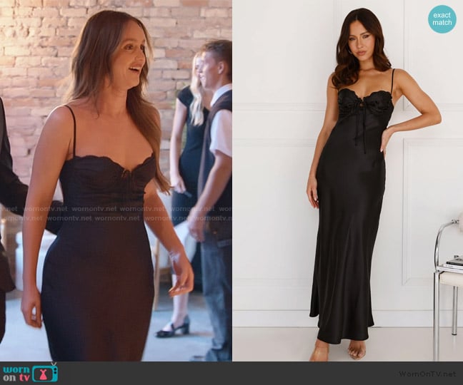 Hello Molly Winery Wedding Satin Maxi Dress Black worn by Mikayla Matthews on The Secret Lives of Mormon Wives