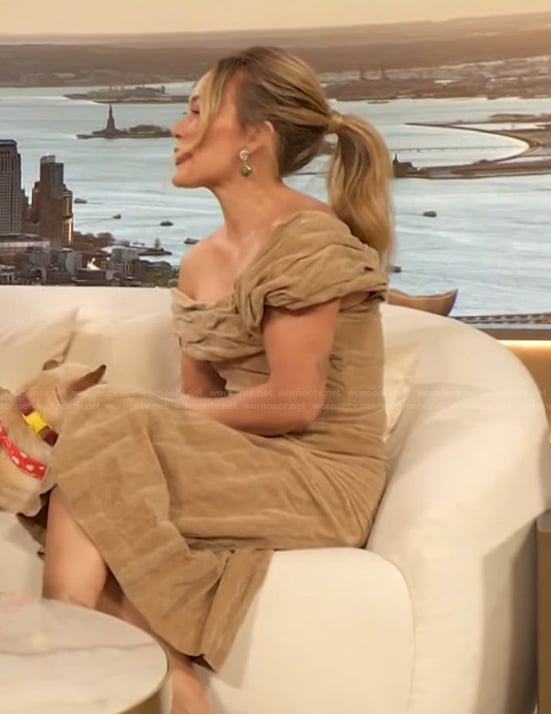Hilary Duff's beige off shoulder velvet dress on The Drew Barrymore Show