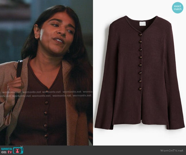 H&M Rib-knit Cardigan in Dark Brown worn by Kavita Mohanty (Anita Kalathara) on Greys Anatomy