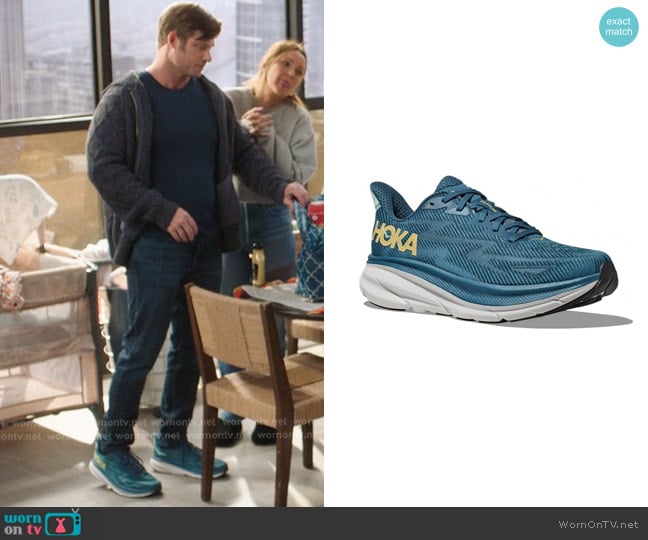 Hoka Clifton 9 Sneakers in Midnight Ocean worn by Atticus Lincoln (Chris Carmack) on Greys Anatomy