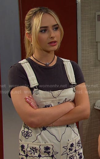 Holly’s white embroidered overalls on Days of our Lives