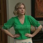 Hope’s green puff-sleeve sweater and pleated skirt on The Bold and the Beautiful
