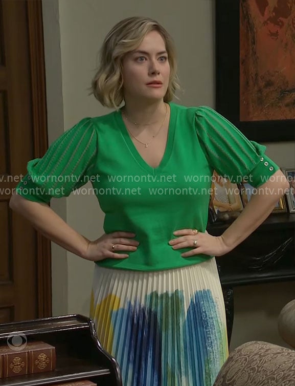 Hope's green puff-sleeve sweater and pleated skirt on The Bold and the Beautiful