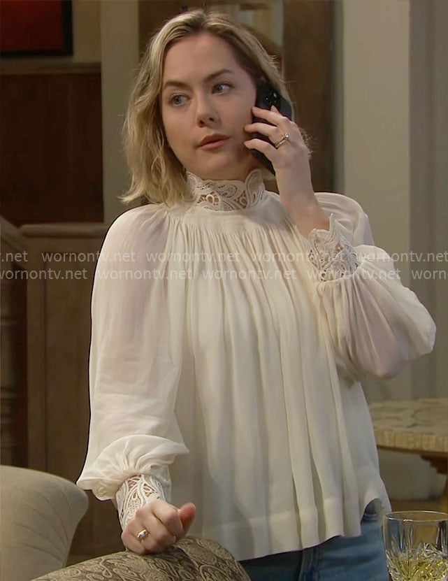 Hope’s white lace trim blouse on The Bold and the Beautiful
